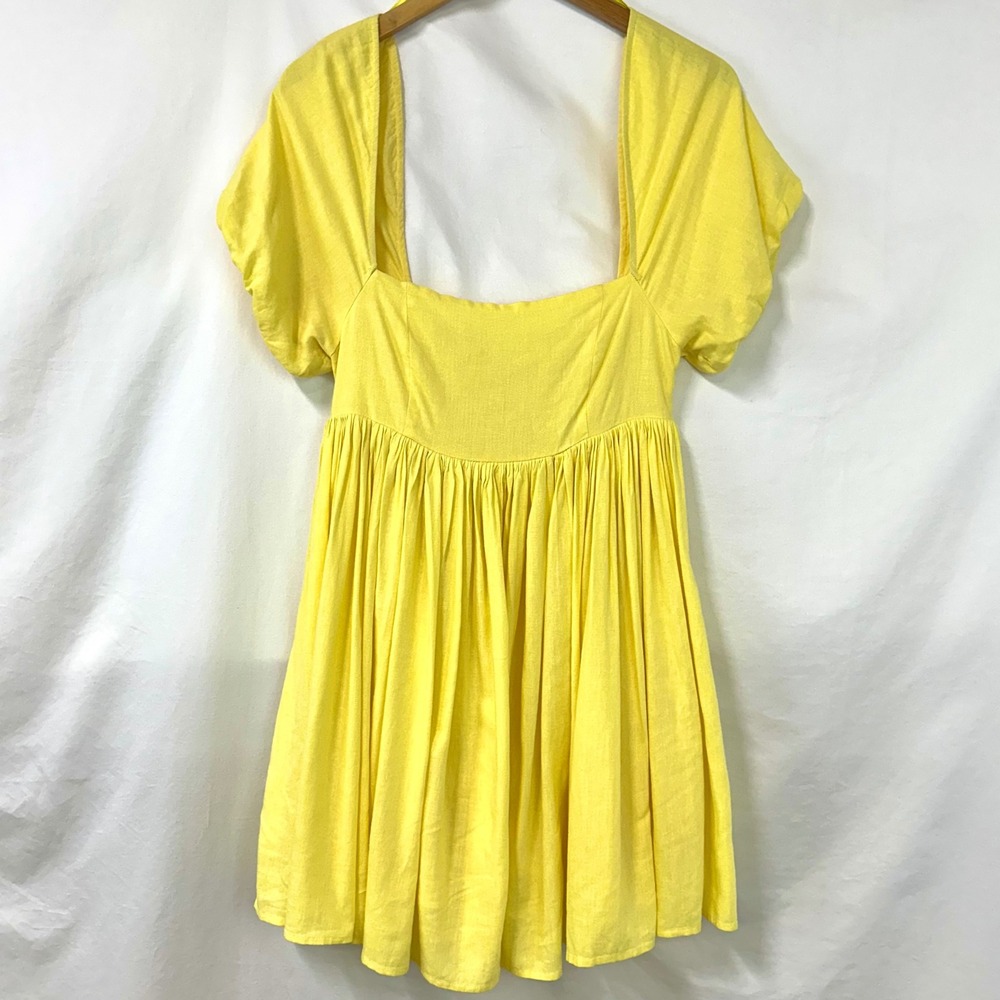 MABLE Yellow Babydoll Empire Waist Mini Dress Puff Sleeve Pleated Square Neck S